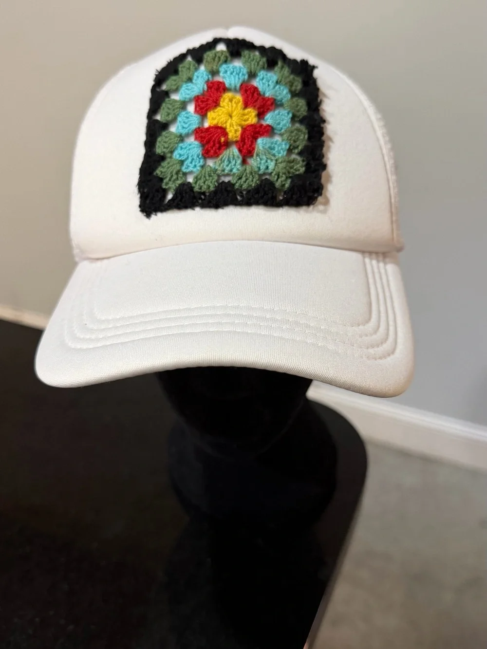 White Trucker Hat with Crochet Granny Square Patch